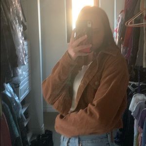 brown corduroy brown jacket with plaid inside